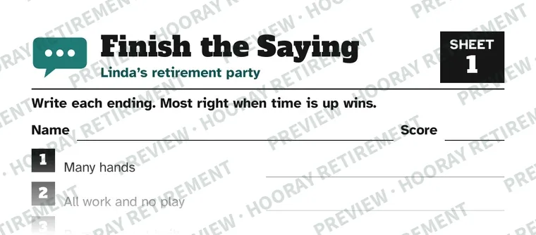 Finish the Saying: Retirement Edition: example page 1, filled in with sample names