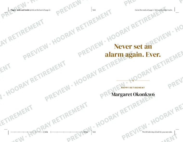 Funny Retirement Card and Survival Kit: example page 1, filled in with sample names