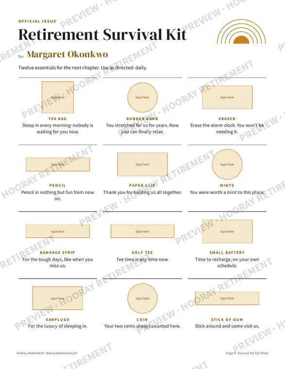 Funny Retirement Card and Survival Kit: example page 2, filled in with sample names