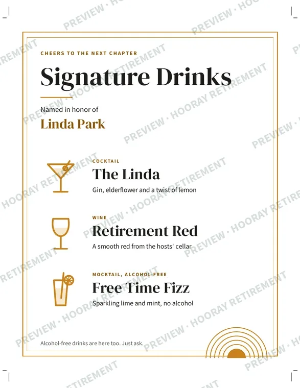 Retirement Party Bar Menu Sign: example page 1, filled in with sample names
