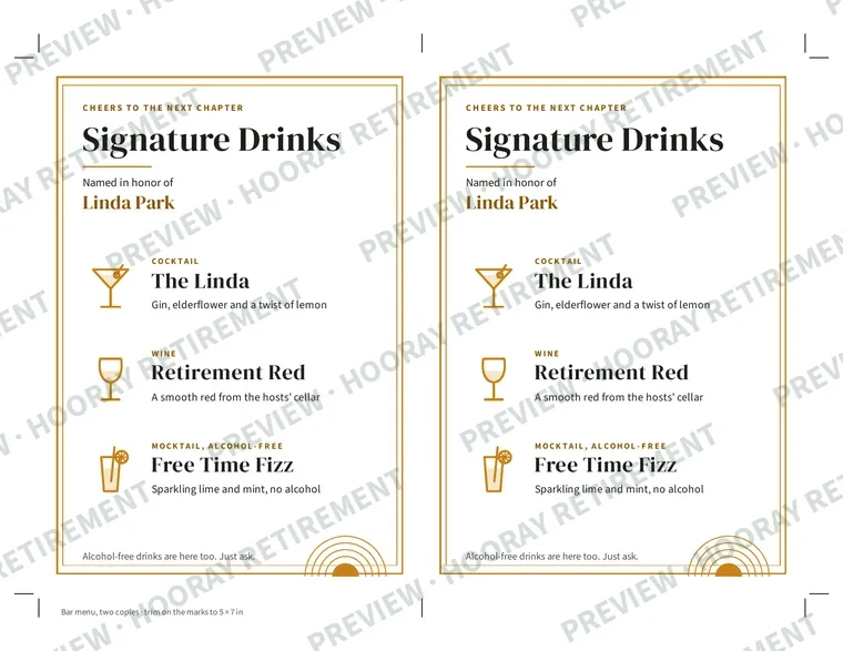 Retirement Party Bar Menu Sign: example page 2, filled in with sample names