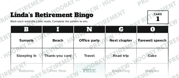 Retirement Party Bingo: example page 1, filled in with sample names