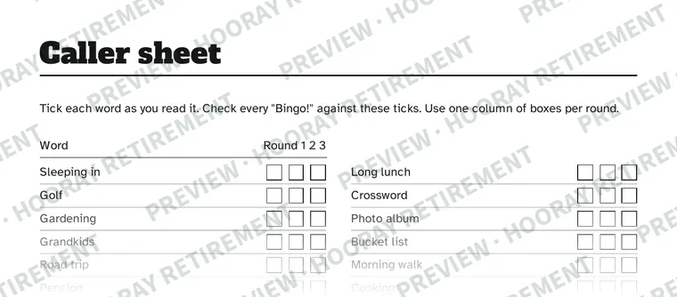 Retirement Party Bingo: example page 2, filled in with sample names