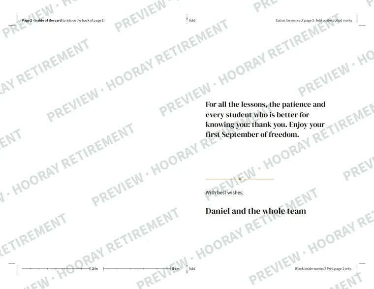 Retirement Congratulations Card: example page 2, filled in with sample names
