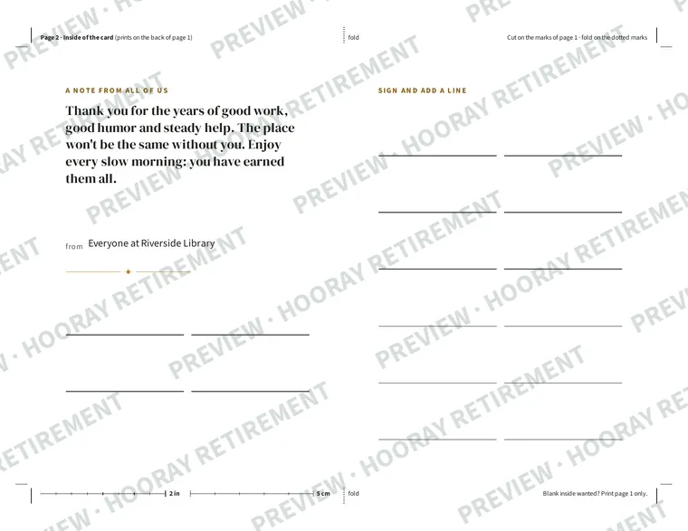 Retirement Farewell Card: example page 2, filled in with sample names