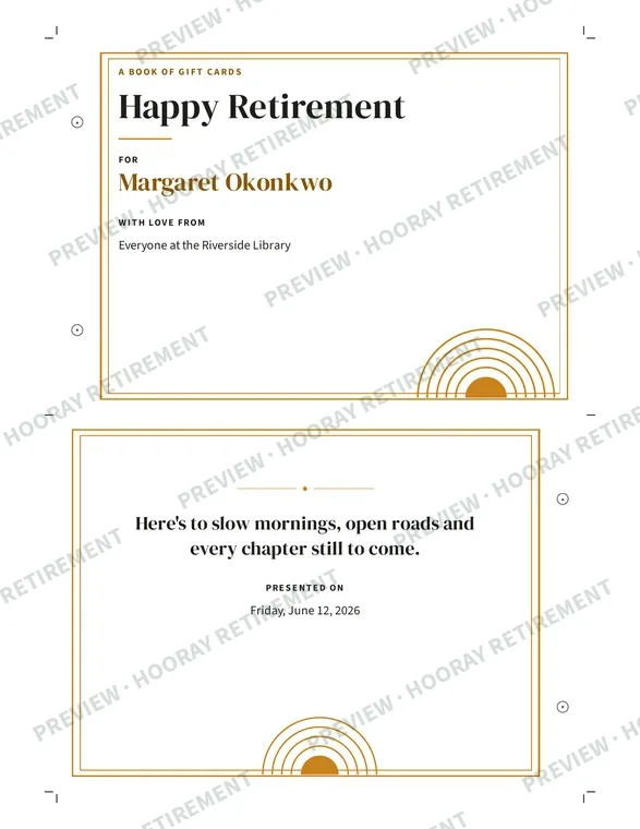 Retirement Gift Card Holder Book: example page 1, filled in with sample names