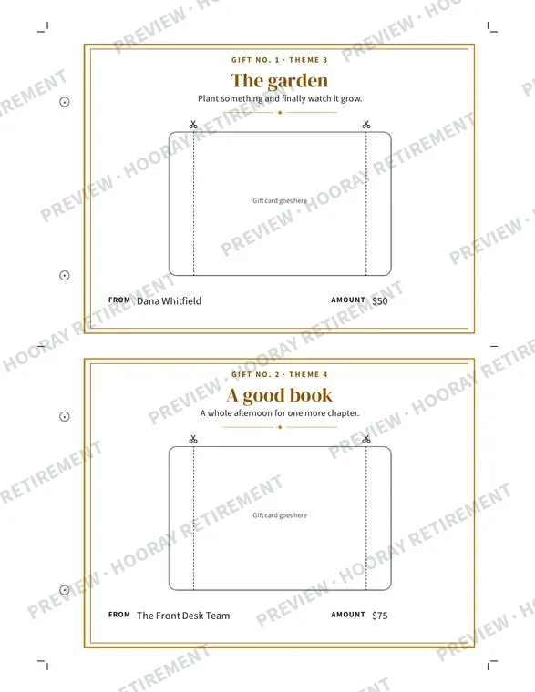 Retirement Gift Card Holder Book: example page 2, filled in with sample names