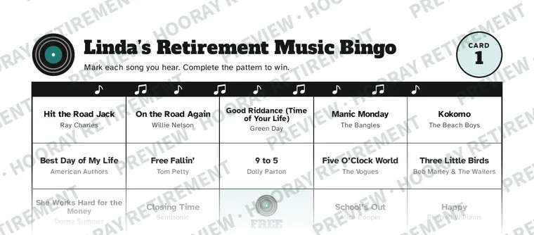 Retirement Music Bingo: example page 1, filled in with sample names