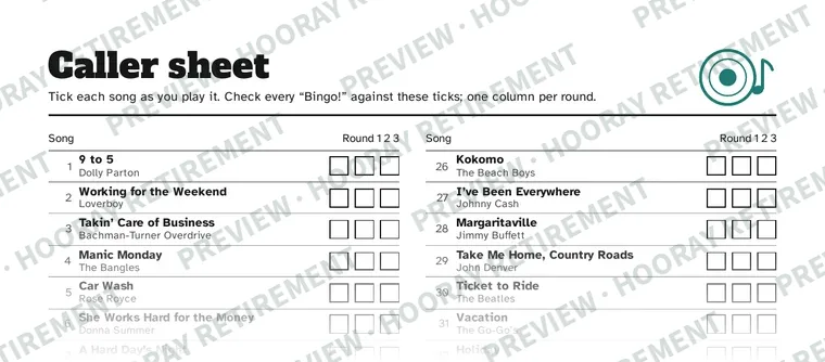 Retirement Music Bingo: example page 2, filled in with sample names