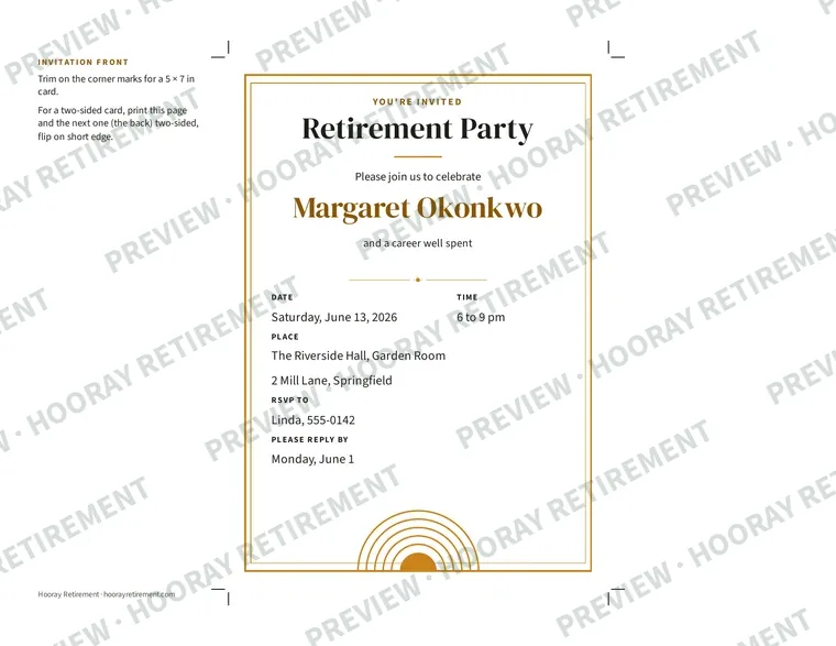 Retirement Party Invitation: example page 1, filled in with sample names