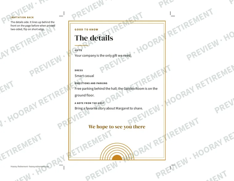 Retirement Party Invitation: example page 2, filled in with sample names