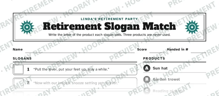 Retirement Slogan Match: example page 1, filled in with sample names