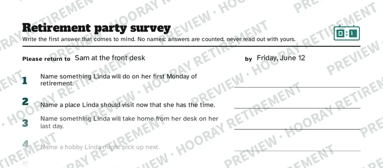 Retirement Party Survey Game: example page 1, filled in with sample names