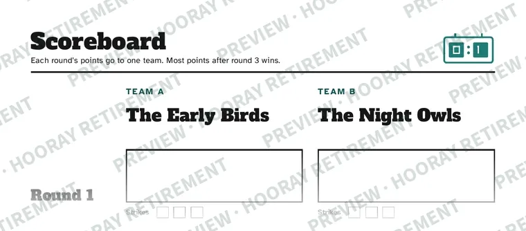 Retirement Party Survey Game: example page 2, filled in with sample names