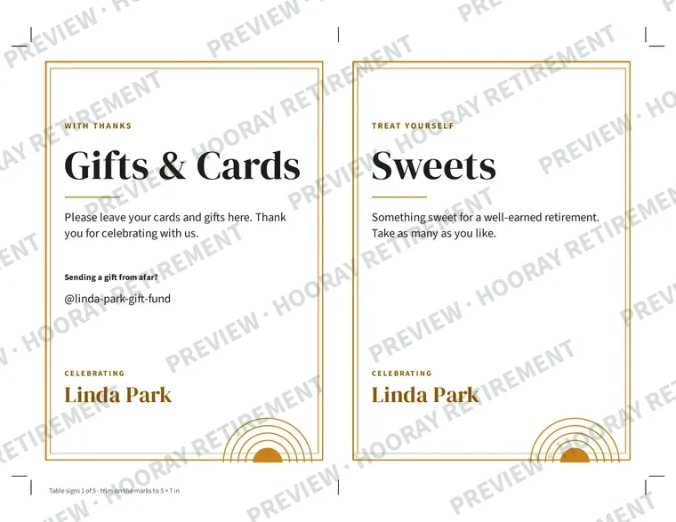 Retirement Party Table Signs: example page 1, filled in with sample names