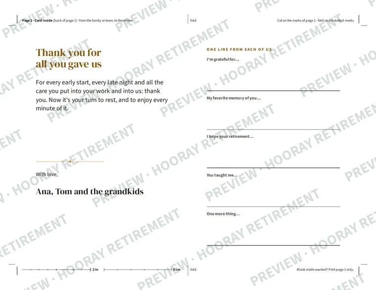 Retirement Thank-You Card: example page 1, filled in with sample names