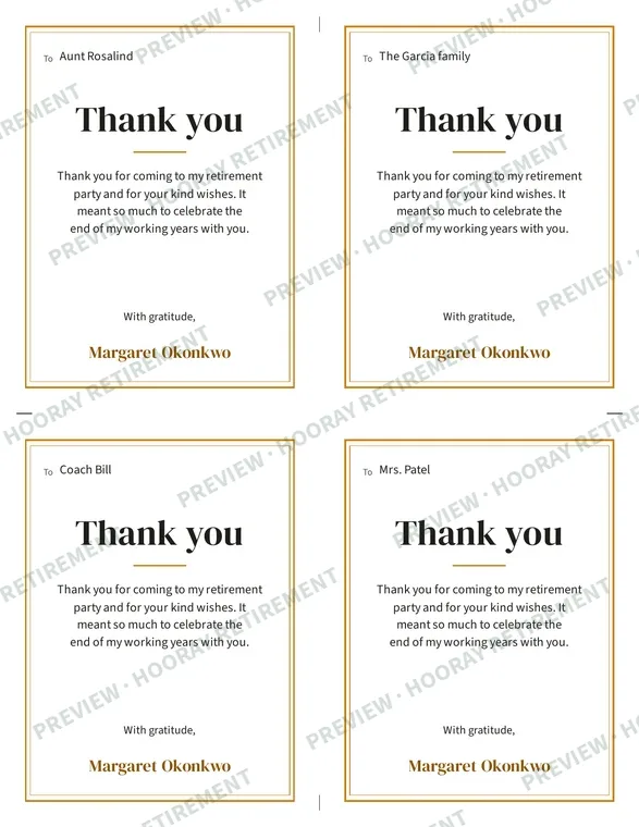 Retirement Thank-You Card: example page 2, filled in with sample names