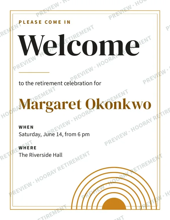 Retirement Welcome Sign: example page 1, filled in with sample names
