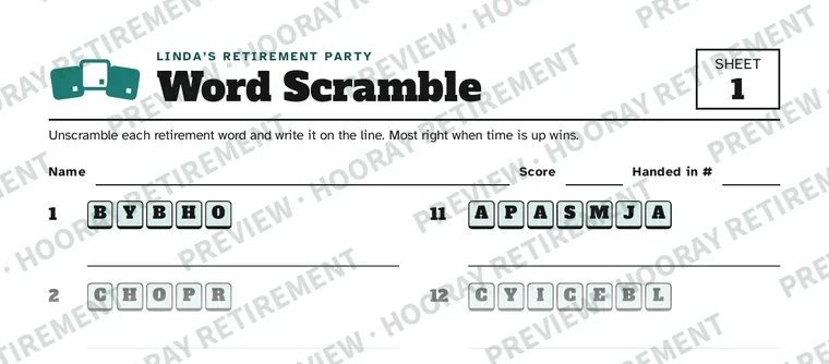 Retirement Word Scramble & Match: example page 1, filled in with sample names