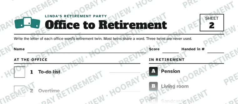 Retirement Word Scramble & Match: example page 2, filled in with sample names