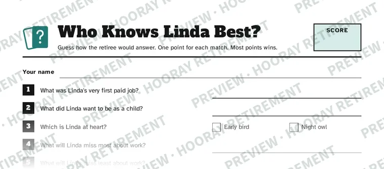 Who Knows the Retiree Best? Game: example page 1, filled in with sample names