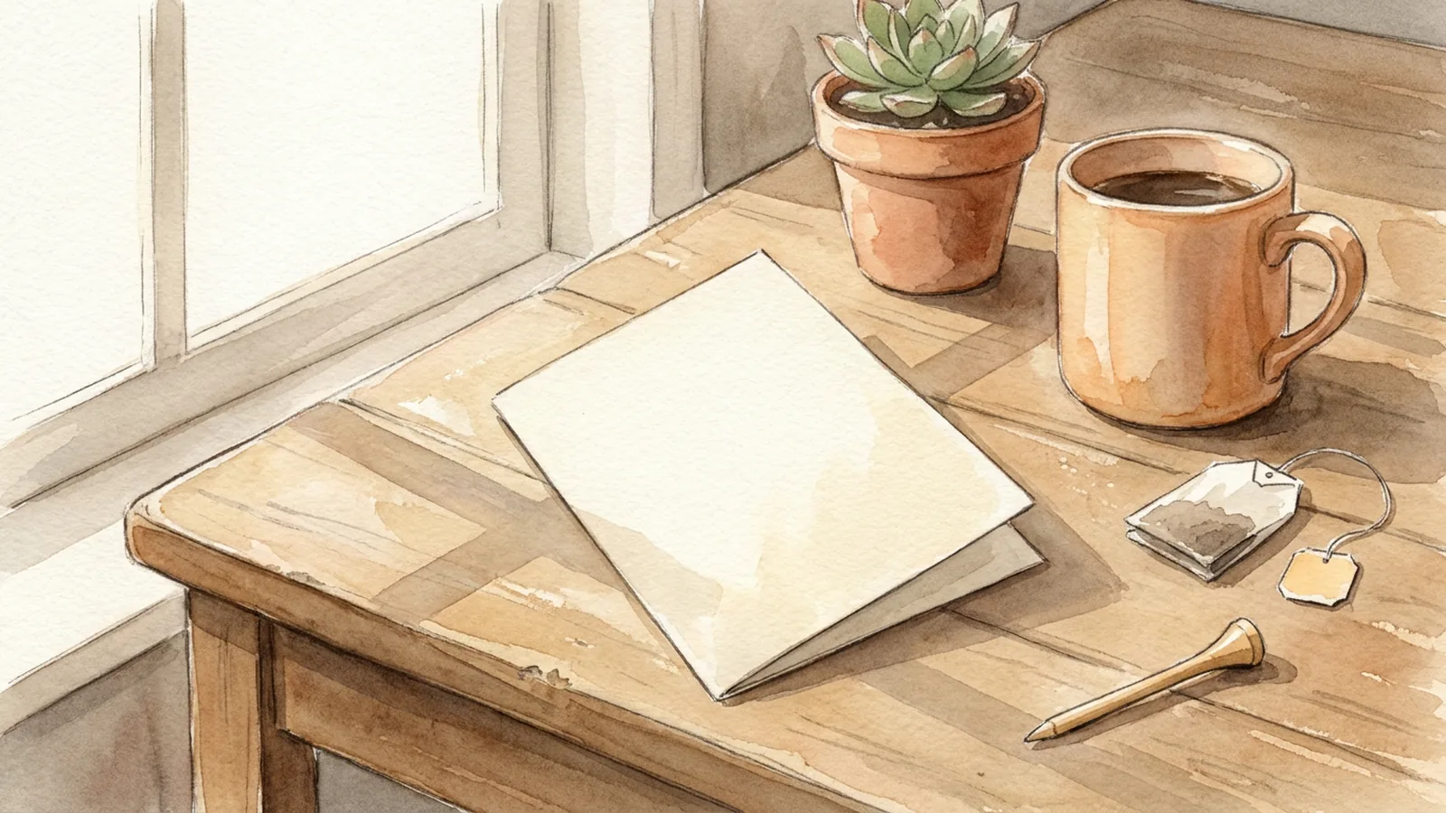 Illustration of a closed cream card on a wooden desk beside a coffee mug, a potted succulent, a tea bag, and a golf tee in warm afternoon light.