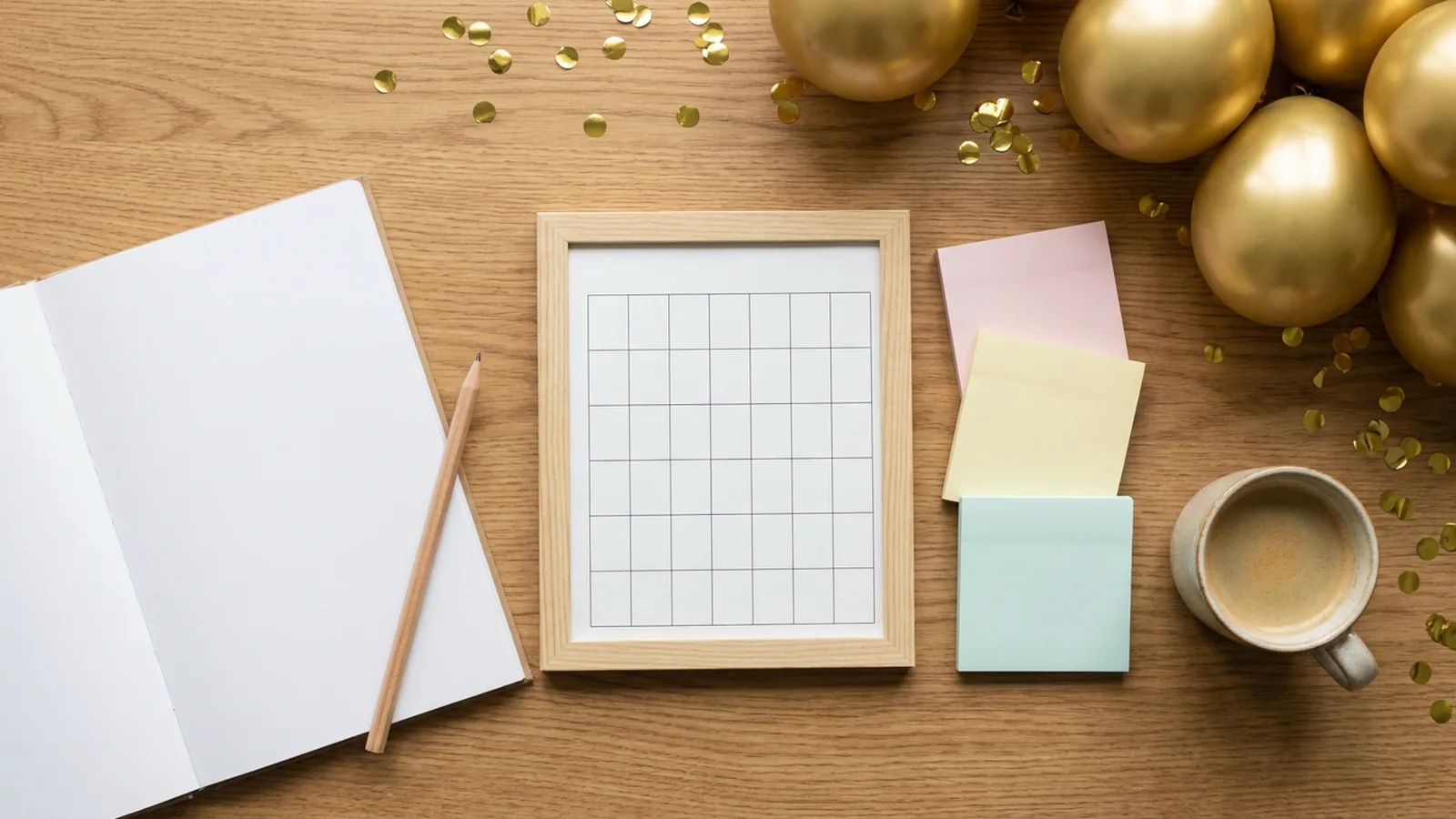 Illustration of a blank planner, a pencil, an empty calendar grid, sticky notes, coffee and gold balloons on a desk (illustrative image)