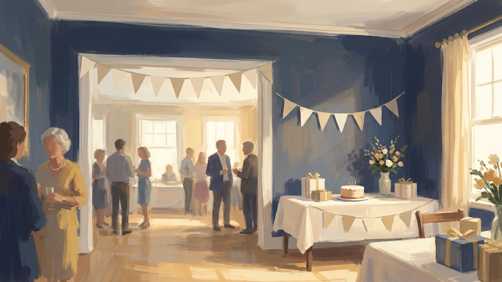 Illustration of a party room with blank cream pennants over a doorway and a shorter pennant string above a cake table.