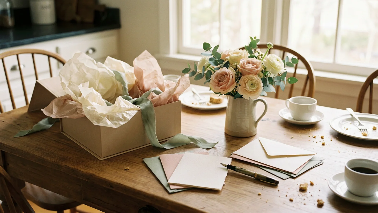 Illustration: a wooden kitchen table after a gathering, with an open gift box, tissue paper, a ribbon, roses in a pitcher, coffee cups, and blank cards beside a pen.