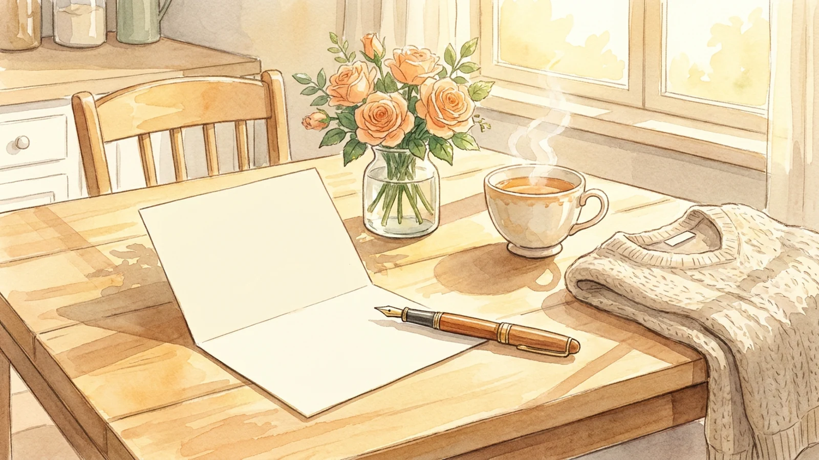 Illustration of a sunlit kitchen table with a blank open card, a fountain pen, peach roses, a teacup, and a folded sweater.
