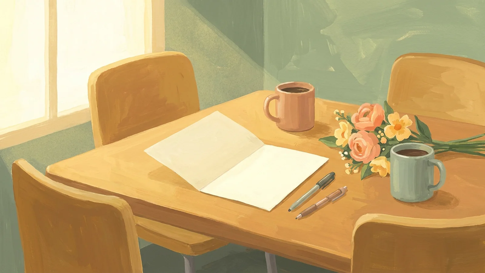 Illustration of a sunlit break-room table with a blank open card, pens, two coffee mugs, and a small bouquet.