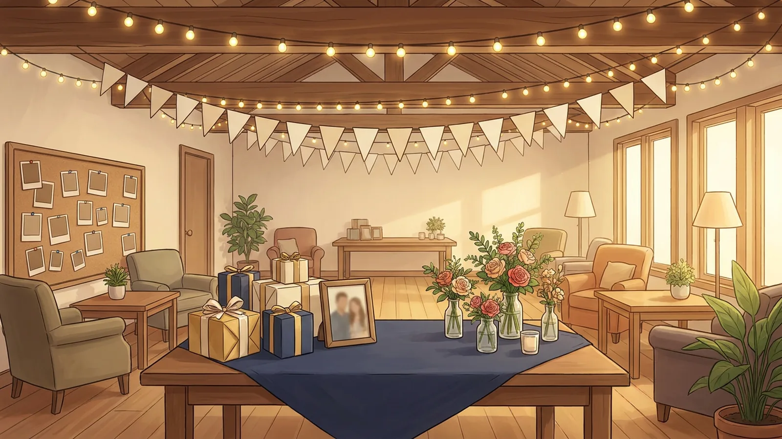 Illustration of a party room with a navy-covered gift table, wrapped gifts, a framed photo, vases of roses, a blank pennant garland and string lights.