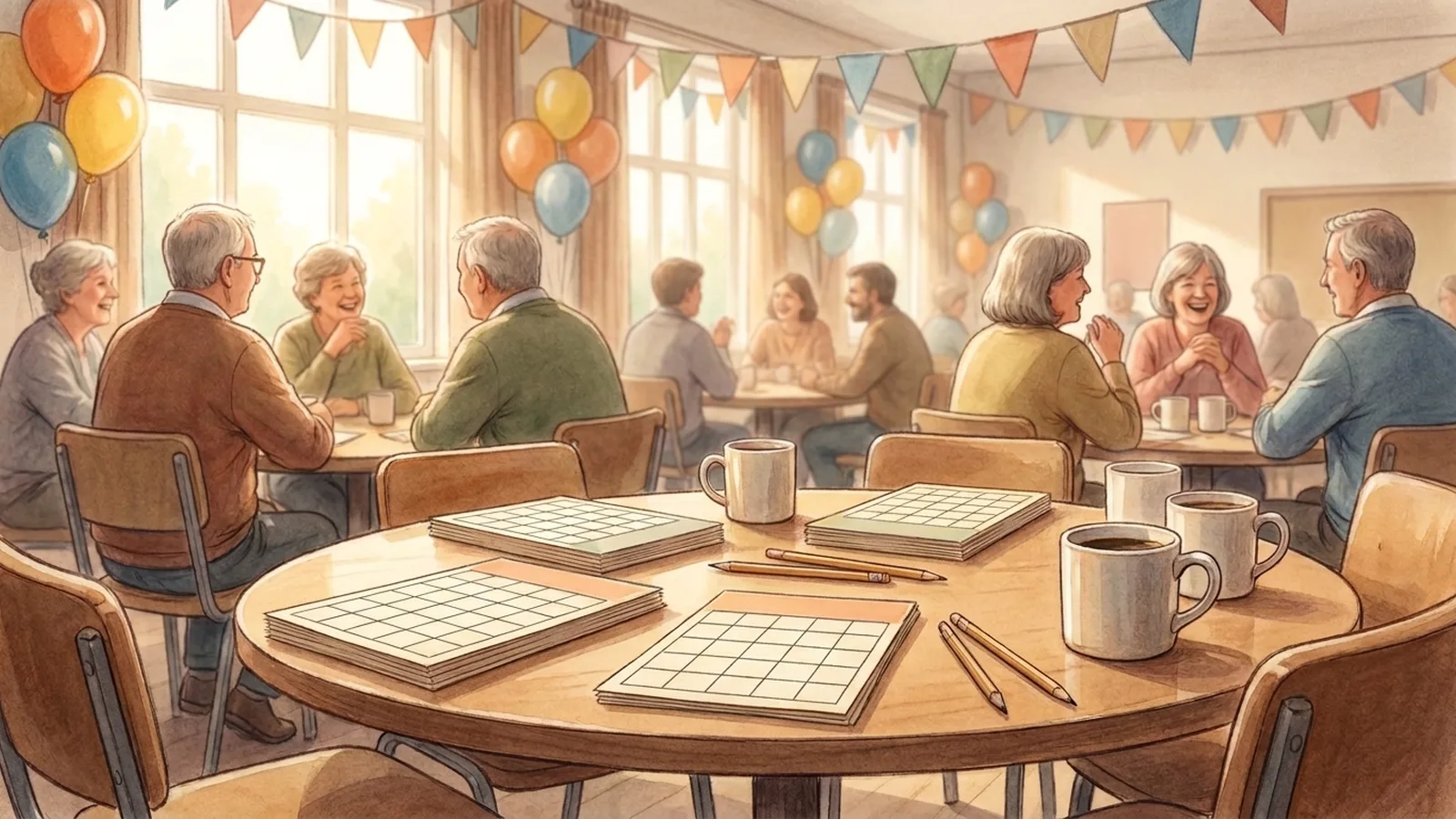 Illustration of a retirement party room with blank game cards, pencils and coffee cups on a round table while guests chat in the background.