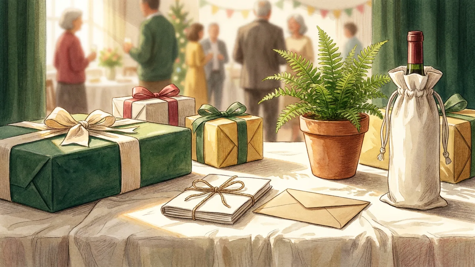 Illustration of a gift table at a retirement party with wrapped presents, a ribboned booklet, an envelope, a potted fern and a bottle in a cloth bag.