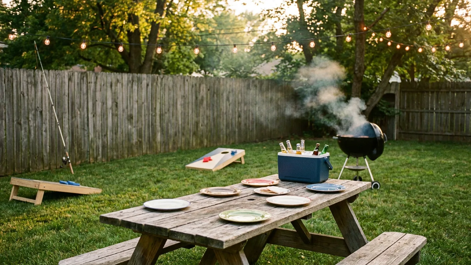 Illustration of a backyard cookout at dusk: a wooden picnic table with plates and a blue cooler, a smoking grill, cornhole boards, and a fishing rod against a fence under string lights.