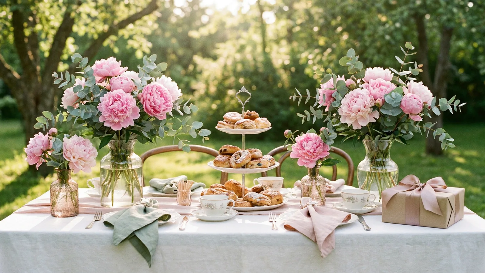 Illustration of an outdoor party table with pink peonies, pastries, teacups and a wrapped gift (illustrative image)
