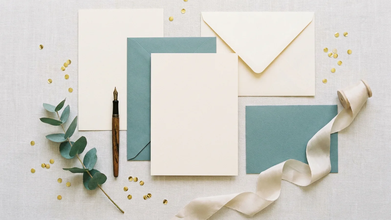Illustration of blank cream and teal cards with envelopes, a fountain pen, eucalyptus and gold confetti (illustrative image)