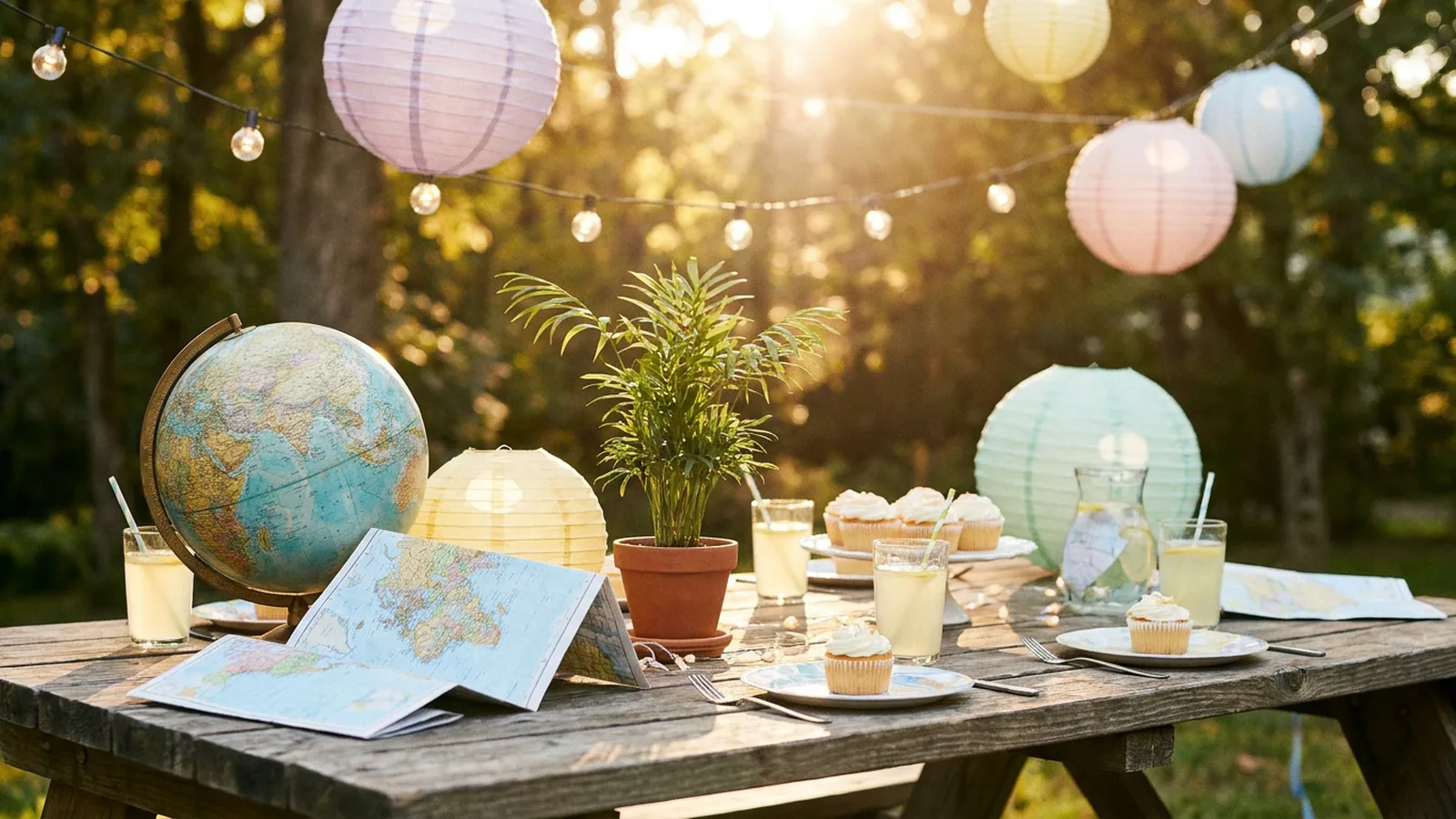 Illustration of an outdoor table set for a send-off, with a globe, folded maps, paper lanterns, and cupcakes in warm evening light.