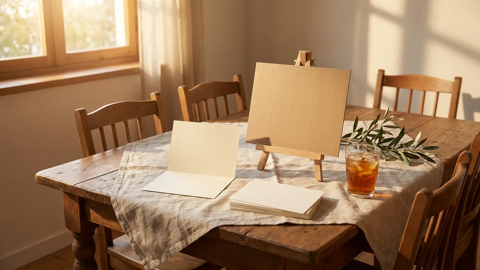 Illustration of a sunlit wooden table with a blank card, a blank board on a small easel, and a glass of iced tea.