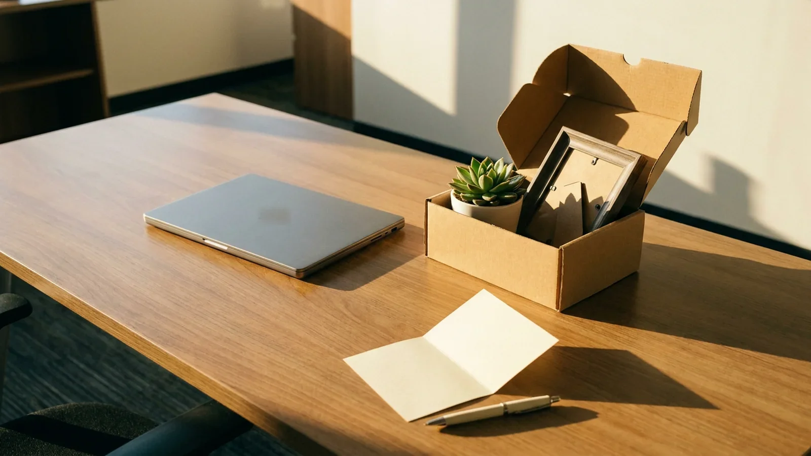 Illustration: a person at a kitchen table writing a short note beside an open laptop after work.