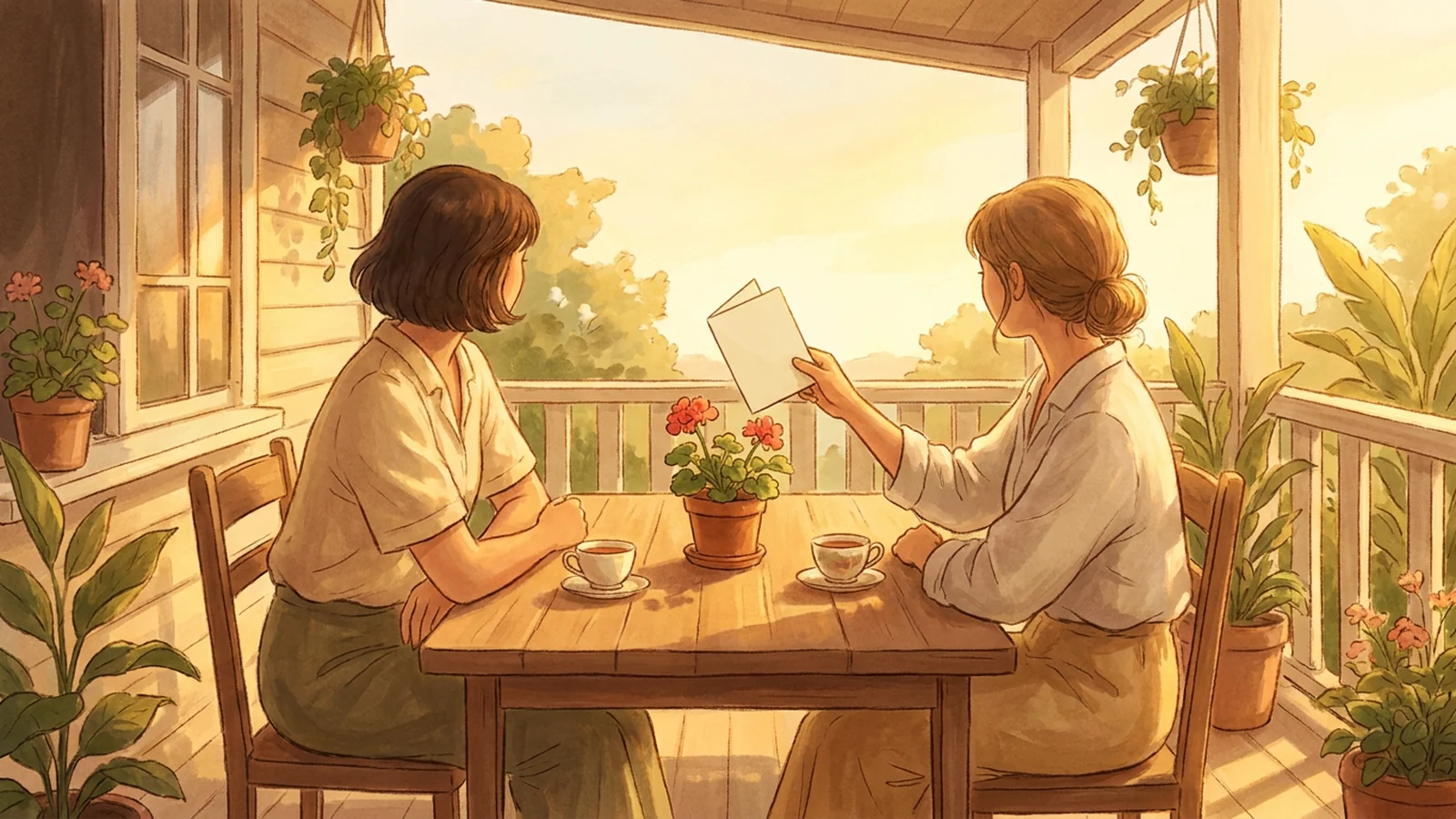 Illustration of two friends on a sunlit porch, one holding a blank folded card across a tea table.