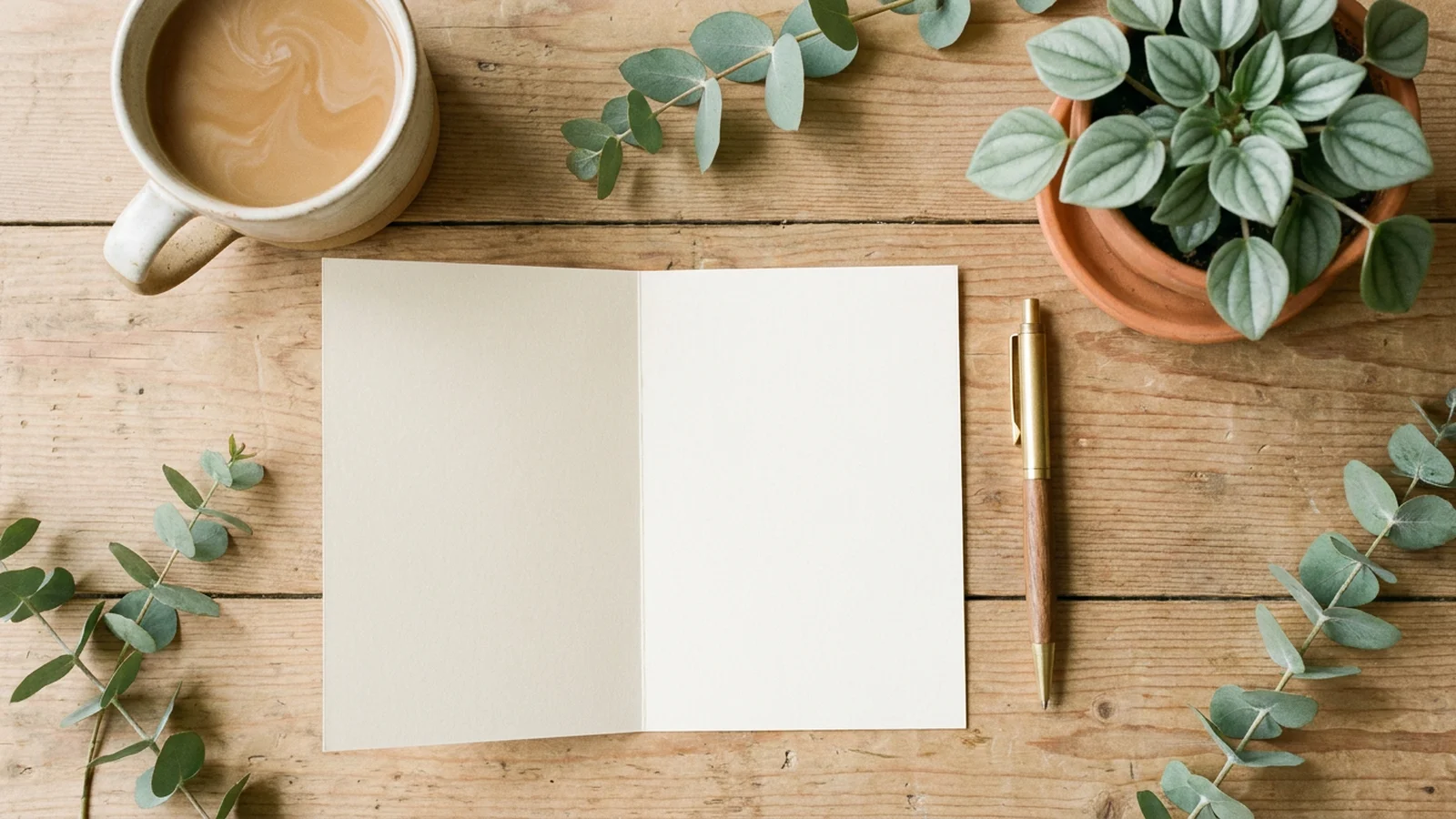 Illustration: an open blank card on a wood table beside a coffee mug, a brass pen, eucalyptus stems and a potted plant.